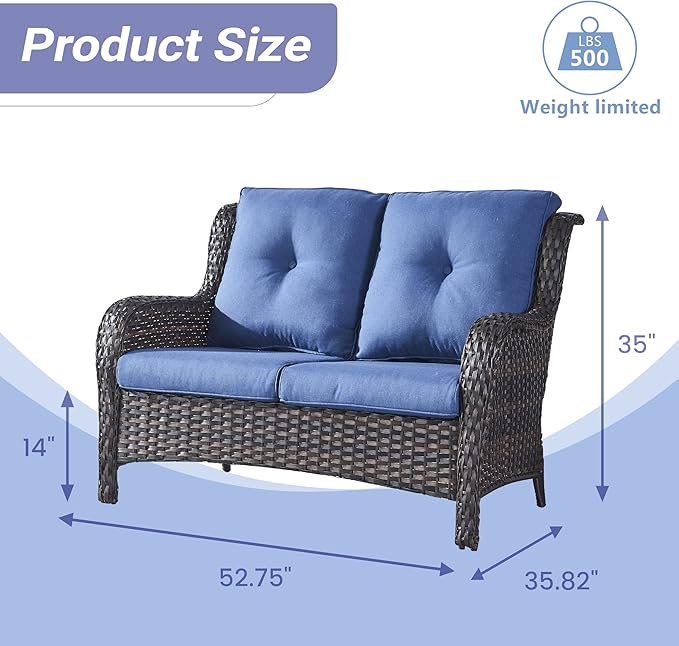 HUMMUH 4 Piece Patio Conversation Furniture Set PE Wicker Rattan Outdoor Loveseat Sofa,Patio Chairs,Coffee Table for Garden,Poolside,Backyard,Deck