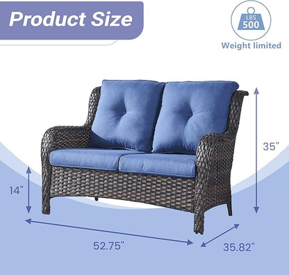 HUMMUH 4 Piece Patio Conversation Furniture Set PE Wicker Rattan Outdoor Loveseat Sofa,Patio Chairs,Coffee Table for Garden,Poolside,Backyard,Deck