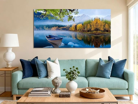 Arjun Landscape Wall Art for Living Room Lake Canvas Blue Picture Bedroom, Summer Nature Boat Artwork Modern Nature Painting Framed Large Home Office Dining Room Wall Decor 48"x24"