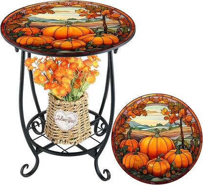Cinnvoice Outdoor Side Table Round Small Mosaic Patio Accent Indoor End Plant Coffee Tea Table for Yard Patio Porch Garden Living Room, Bedroom(Pumpkin Style,14 Inch)