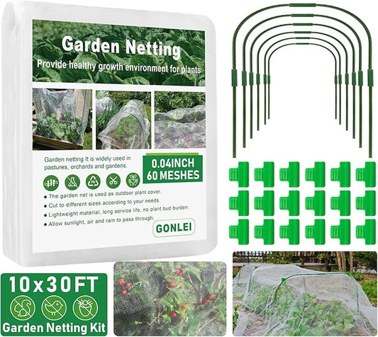 GonLei 10x30FT Garden Mesh Netting Kit Raised Beds (6 Pcs Garden Hoops & 18 Clips) Garden Hoops Plant Row Covers Netting Protection Berry Bush Trees Grass Seed Barrier Net