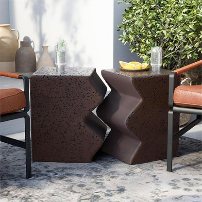 SUNBURY Concrete Side Table Set of 2, Outdoor Side Table Combine for Patio, Outdoor Accent Table Patio End Table in Spotted, Ceramic Garden Stool, Rectangular, Brown