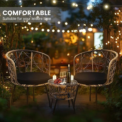 Kromax 3 Piece Bistro Set, Modern Outdoor Wicker Patio Furniture with Tempered Glass Table Top and 2 Chairs, Washable Cushions, Natural Rattan and Black Cushion