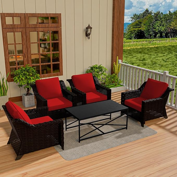 Vista Vibe 5 Pieces Outdoor Rattan Patio Conversation Furniture Set - 4 Wicker Chairs | Steel Coffee Table, Premium & Washable Cushions, Living Room, Poolside (Brown/Red)