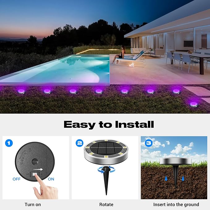 Peasur Solar Ground Lights Outdoor, 8 Pack Flat Solar Powered Disc Lights, IP68 Waterproof, Anti-Rust, Landscape Lighting for Pathway Garden Yard Lawn Walkway Landscape Driveway, Purple