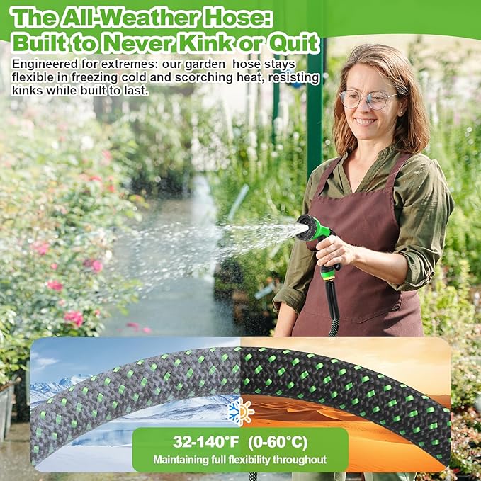 Garden Hose 50ft, Non-Expanding Water Hose with 10 Function Nozzle, Lightweight, Kink Free, Sturdy, Leak-Proof, Portable, Flexible Hose 50ft for Outdoor, Yard, Lawn, Car Wash and Camper Use