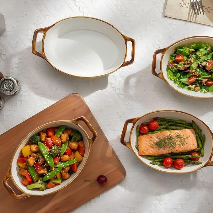 ONEMORE Au Gratin Baking Dish Set of 4, Oval White Ceramic Mini Casserole Dishes with Brown Rim, Oven Safe, 20 oz 6x8 Inches, Ideal for Individual Serving, Lasagna, Quiche