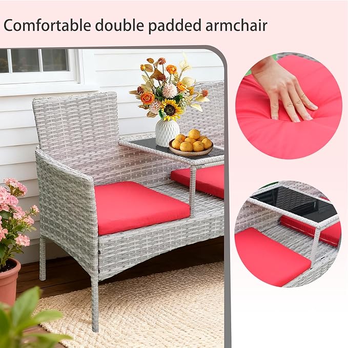 Outdoor Wicker Loveseat with Built-in Coffee Table, Patio Rattan Chair Conversation Set with Soft Cushions & Free Dust Cover for Lawn, Garden, Backyard (Grey Wicker & Red Cushions)
