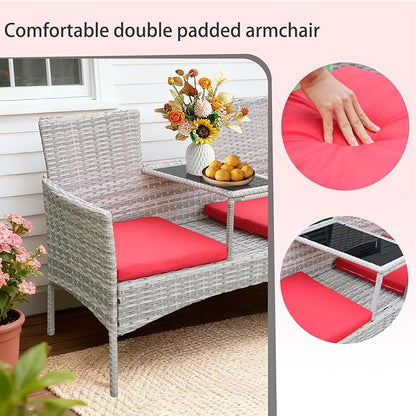 Outdoor Wicker Loveseat with Built-in Coffee Table, Patio Rattan Chair Conversation Set with Soft Cushions & Free Dust Cover for Lawn, Garden, Backyard (Grey Wicker & Red Cushions)