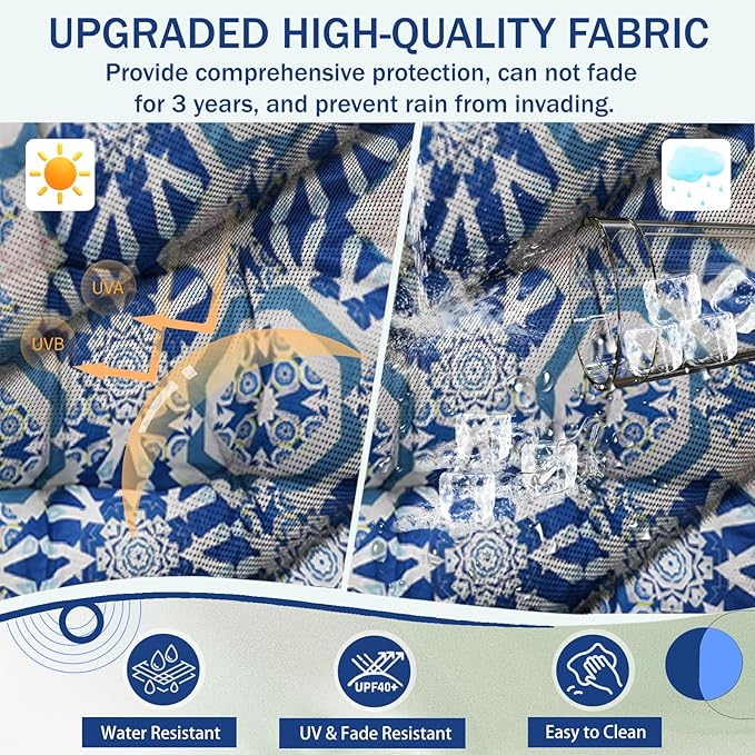 2/3 Seater Swing Replacement Cushion, Waterproof Porch Swing Cushions with Backrest, Thickened Bench Cushions for Outdoor Furniture, for Outdoor Patio Swing (Boho Blue, 63 * 40in)