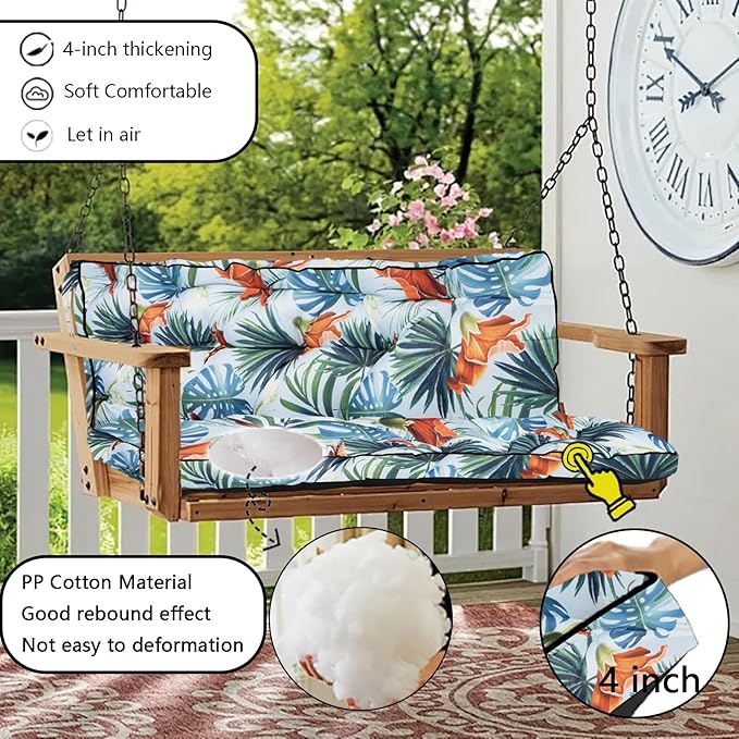 Porch Swing Cushion Three Seat, Waterproof Swing Cushions Replacement with Backrest, Outdoor Garden Furniture Patio 4" Thickened Cushions with Ties (Summer, 40 x 55in)