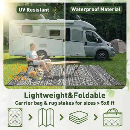 MontVoo Outdoor Rug Carpet Waterproof 5x8 Outdoor Patio Rug Mat Reverisble Plastic Straw Outdoor Rug for RV Camping Picnic Beach Balcony Boho Grey