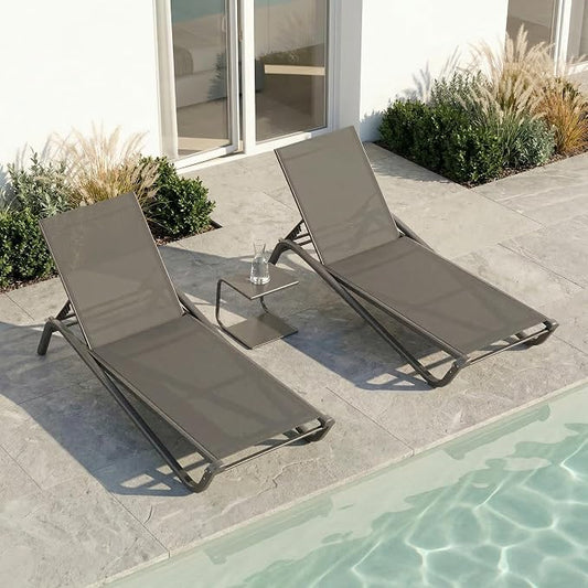 3-Piece Patio Chaise Lounge Set with Side Table, Set of 2 Adjustable Pool Chairs and Aluminum Bistro Table, All-Weather Outdoor Furniture for Pool Deck, Patio & Tanning, Grey