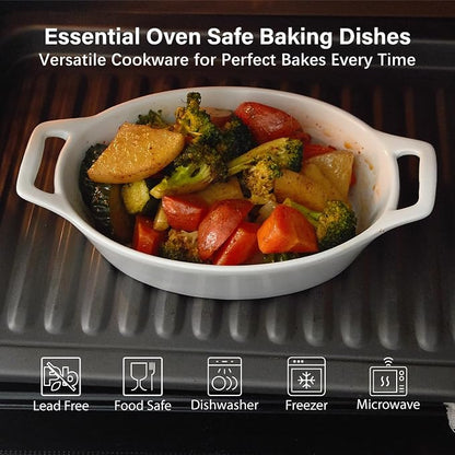 ONEMORE Oval Au Gratin Baking Dish, 20 oz Small Casserole Dishes with Handles 6x8" Ceramic Baking Pan for 1-2 People, Oven Safe for Lasagna, Pies, Individual Servings & Side Dishes, Set of 4, White