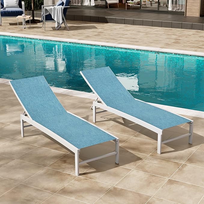 Crestlive Products Lounge Chair Outdoor Set of 2, Aluminum Pool Chaise Lounge Chairs, Adjustable Five-Position Tanning Recliner, All Weather for Patio, Beach, Yard, Pool (Blue)