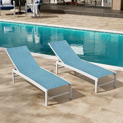 Crestlive Products Lounge Chair Outdoor Set of 2, Aluminum Pool Chaise Lounge Chairs, Adjustable Five-Position Tanning Recliner, All Weather for Patio, Beach, Yard, Pool (Blue)