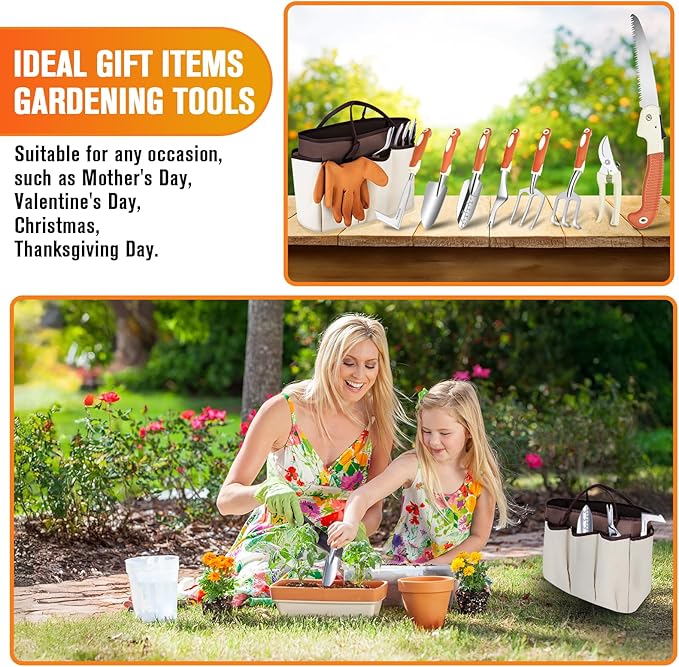 Garden Tool Set - 10 PCS Heavy Duty Stainless Steel Gardening Tools Set with Storage Bag, Gardening Kit Ideal Gardening Gifts for Women & Men, Indoor/Outdoor Use for Digging, Planting, Pruning