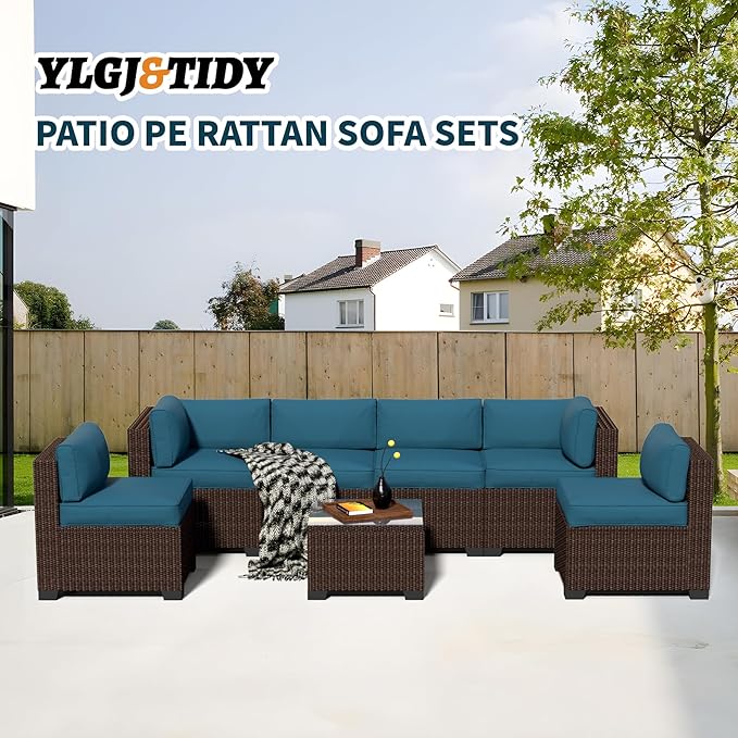 7-Piece Outdoor Sectional Patio Furniture Set, All-Weather Wicker Rattan Sofa w/Thick Washable Cushions & Tempered Glass Table, Perfect for Garden, Poolside, Backyard (7, Brown&Peacock Blue)