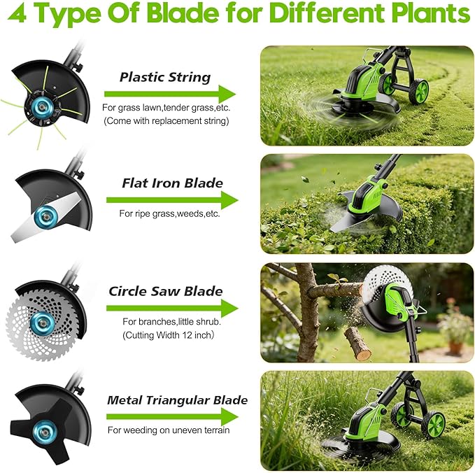 20000 RPM Electric Weed Wacker Cordless, 12″ Brushless Weed Eater Battery Powered with Wheel, 4-in-1 Grass Trimmer/Brush Cutter/String Trimmer, Lawn Mower Edger Stringless Weed Trimmer, 2 Battery Tool