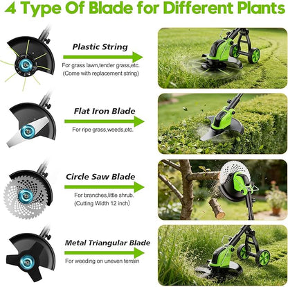 20000 RPM Electric Weed Wacker Cordless, 12″ Brushless Weed Eater Battery Powered with Wheel, 4-in-1 Grass Trimmer/Brush Cutter/String Trimmer, Lawn Mower Edger Stringless Weed Trimmer, 2 Battery Tool