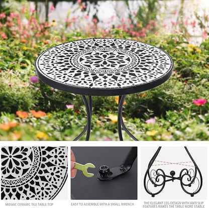 VCUTEKA Outdoor Side Table Mosaic Patio Table Accent Tables Mosaic Tile Top Metal Frame Small End Tables Porch Beach Patio Garden Balcony Black 14 inch