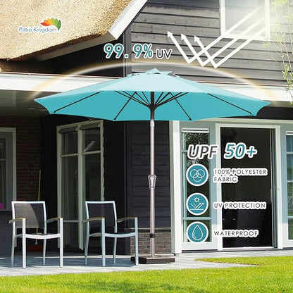 PatioKingdom 9FT Patio Outdoor Umbrella-UPF 50+ Sun Shade with Wind Vent, Push-Button Tilt & Smooth Crank Lift, Rust-Resistant Fiberglass Frame for Garden, Backyard,Yard (Peacock Blue, 9FT)