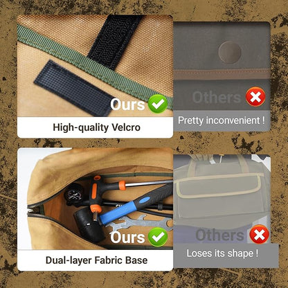 Mechanic's Waxed Canvas Small Tool Bag, Color-Blocking Design, Touch Fastener Front & Zipper-Closure Back Utility Bag (Khaki)