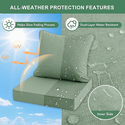 Summsun Outdoor Cushions for Patio Furniture, Faux Linen Water Resistant Backrest and Seat Cushion Set with Removable Cover, Ties, Non-Slip Bottom, 19 x 19 Inch, Sage Green