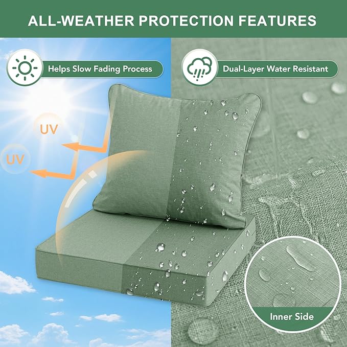 Summsun Outdoor Cushions for Patio Furniture, Faux Linen Water Resistant Backrest and Seat Cushion Set with Removable Cover, Ties, Non-Slip Bottom, 19 x 19 Inch, Sage Green, Set of 4