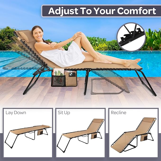 Lavish Home Folding Lounge Chair Outdoor Recliner - 3 Position Chaise Lounge Outdoor Beach Tanning Chair with Side Pocket and Removable Pillow - Portable Patio Furniture for Pool or Lawn (Beige)