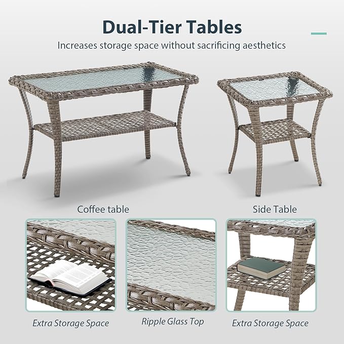 7 Piece Patio Furniture Set - Wicker Patio Conversation Set with Swivel Glider, 3 Seat Sofa, 2 Ottomans, Glass Side Table and Coffee Table for Deck Backyard - Grey Wicker Grey Cushion