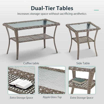 7 Piece Patio Furniture Set - Wicker Patio Conversation Set with Swivel Glider, 3 Seat Sofa, 2 Ottomans, Glass Side Table and Coffee Table for Deck Backyard - Grey Wicker Grey Cushion
