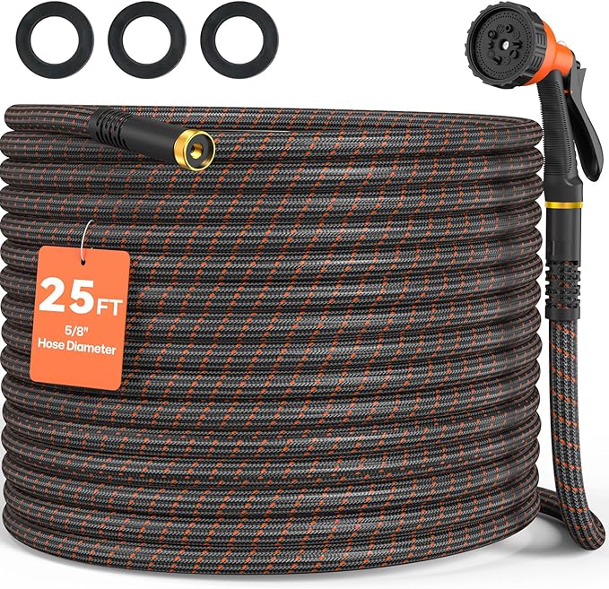 Garden Hose 25ft NON-EXPANDABLE Water Hose, 3-Layer Lightweight Nylon Braided Hose for Yard, Car Wash & Pet Shower, 600 PSI Burst Heavy Duty Kink-Free with 10-Way Nozzle & 3/4" Brass Fittings