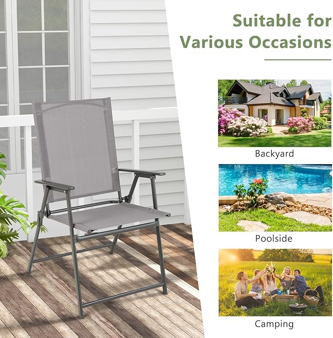 Giantex Patio Folding Chairs, Outdoor Lawn Chairs with Rustproof Metal Frame, Portable Dining Chairs for Porch, Deck, Garden, Backyard, Camping (1 Count (Pack of 2), Gray)