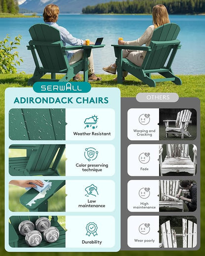 SERWALL Folding Adirondack Chair, Outdoor Adirondack Chairs with 4 in 1 Cup Holder, Weather Resistant Plastic Patio Chair for Garden, Backyard, Deck, Lawn, Fire Pit- Green