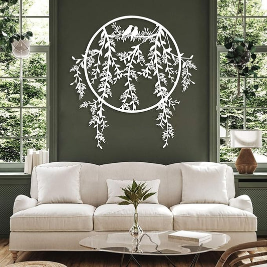 Birds on Branch Metal Wall Decor, Metal Tree Leaf Wall Art, Olive Branch Artwork, Birds Wall Decor, Olive Wall Art, Bird Decorations for The Home, Farmhouse, Living Room (White, 20"x19" | 50x48cm)