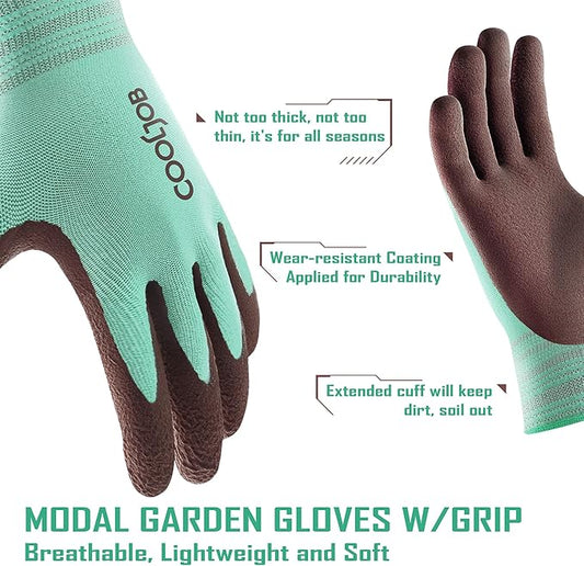COOLJOB 2 Pairs Breathable Gardening Gloves for Women Small, Stretch Soft Modal Base with Non Slip Rubber Coating, Palm Dipped Grip Work for Gardener Worker in Lawn Yard Factory Garden