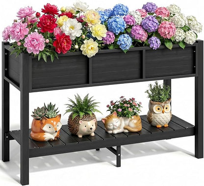 YITAHOME 48x18x30in Raised Garden Bed HDPE, Weather-Resistant Poly Lumber Planter Box with Legs & Storage Shelf, Elevated Garden Bed for Yard, Garden, Balcony - Black