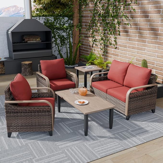COOS BAY Modern Wicker Outdoor Furniture Set, Patio Conversation Set with Patio Chairs, 2 Seat Loveseat, Coffee Table and Side Table, 5 Piece, Brown/Red