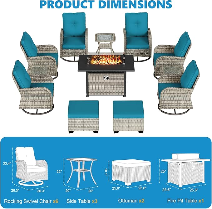 12-Piece Small Patio Furniture Set, Outdoor Swivel Rocking Chairs Set with 55,000 BTU Fire Pit Table Wicker Chairs and Ottomans, Patio Bistro Set for Balcony, Deck, Porch, Lake Blue