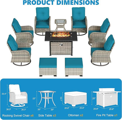 12-Piece Small Patio Furniture Set, Outdoor Swivel Rocking Chairs Set with 55,000 BTU Fire Pit Table Wicker Chairs and Ottomans, Patio Bistro Set for Balcony, Deck, Porch, Lake Blue