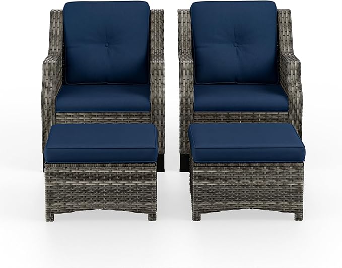 4 Piece Patio Furniture Set, 2 Chairs and 2 Ottomans PE Wicker Footstool, Outdoors Rattan Conversation Set with Deep Seating and Olefin Cushions, for Backyard, Garden, Navy