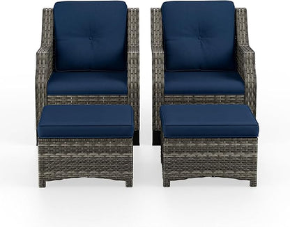 4 Piece Patio Furniture Set, 2 Chairs and 2 Ottomans PE Wicker Footstool, Outdoors Rattan Conversation Set with Deep Seating and Olefin Cushions, for Backyard, Garden, Navy