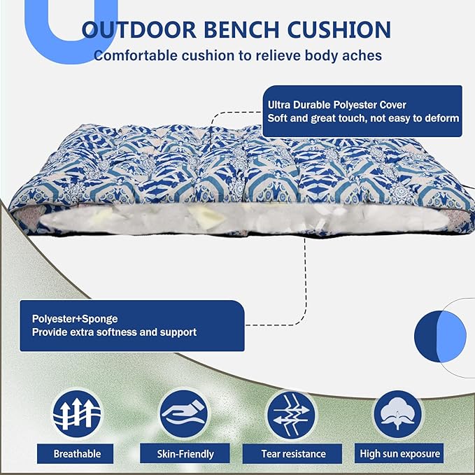 2/3 Seater Swing Replacement Cushion, Waterproof Porch Swing Cushions with Backrest, Thickened Bench Cushions for Outdoor Furniture, for Outdoor Patio Swing (Boho Blue, 63 * 40in)