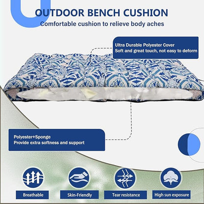 2/3 Seater Swing Replacement Cushion, Waterproof Porch Swing Cushions with Backrest, Thickened Bench Cushions for Outdoor Furniture, for Outdoor Patio Swing (Boho Blue, 63 * 40in)