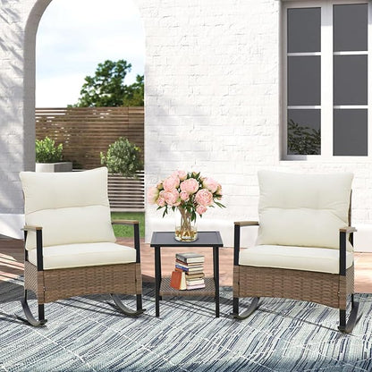 EAGLE PEAK 3 Piece Mojave Dusk Outdoor Conversation Set, Patio Wicker Furniture, 2 Rocking Chairs and Side Table, Light Brown/Beige