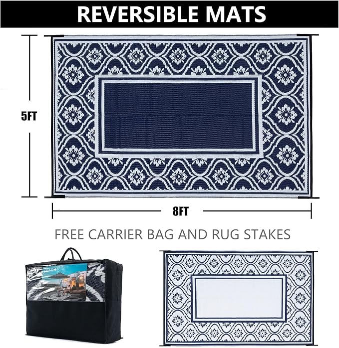 HUGEAR Outdoor Patio Rug 5'x8' Waterproof Outside Area Rugs Blue Reversible Plastic Straw Carpet for RV Deck Camping Entryance Porch Picnic Balcony Beach