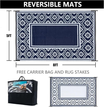 HUGEAR Outdoor Patio Rug 5'x8' Waterproof Outside Area Rugs Blue Reversible Plastic Straw Carpet for RV Deck Camping Entryance Porch Picnic Balcony Beach