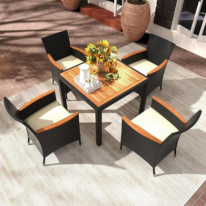 Tangkula 5 Pieces Patio Dining Table Set for 4, Rattan Conversation Set with Umbrella Hole, Seat Cushions & Acacia Wood Tabletop, Outdoor Dining Table with 4 Chairs for Backyard, Poolside & Deck