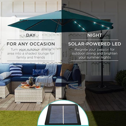 Best Choice Products 10ft Solar LED Offset Hanging Market Patio Umbrella for Backyard, Poolside, Lawn and Garden w/Easy Tilt Adjustment, Polyester Shade, 8 Ribs - Cerulean